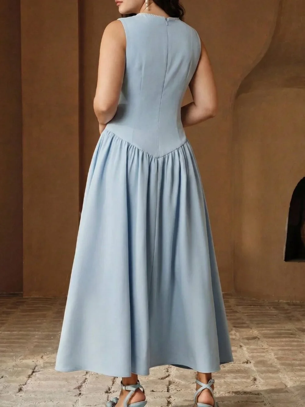 Blue Elegant Women's Plus Size Pearl Floral Pleated A-Line Maxi Dress